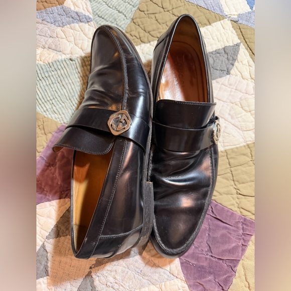 Gucci Interlocking G Black Leather Slip On Loafers:Size 10